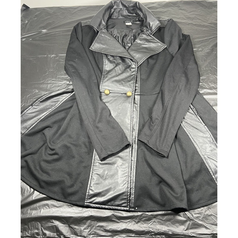 Venus Womens XL Black Faux Leather Trimmed Trench Coat Jacket Brass Buttons